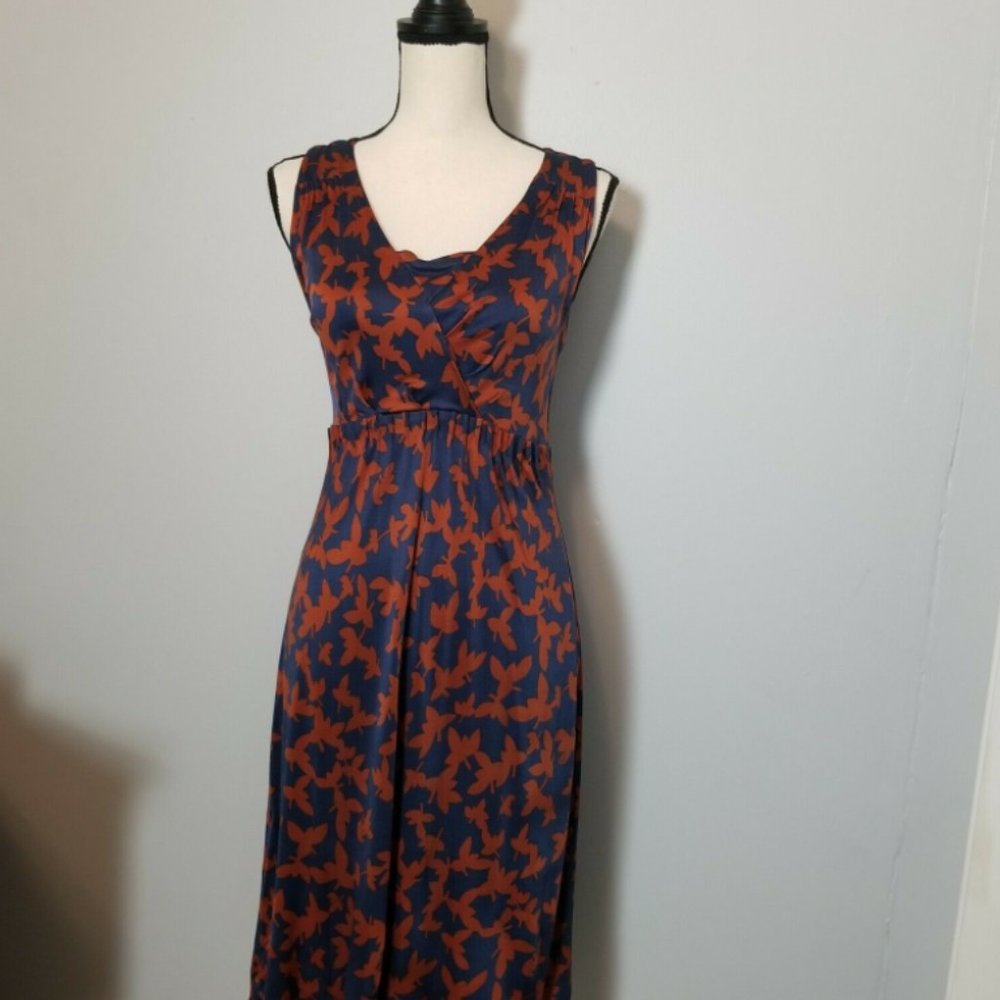 Boden Empire Waist Silk Blend Dress Blue Brown Floral Sleeveless Lined Size 2